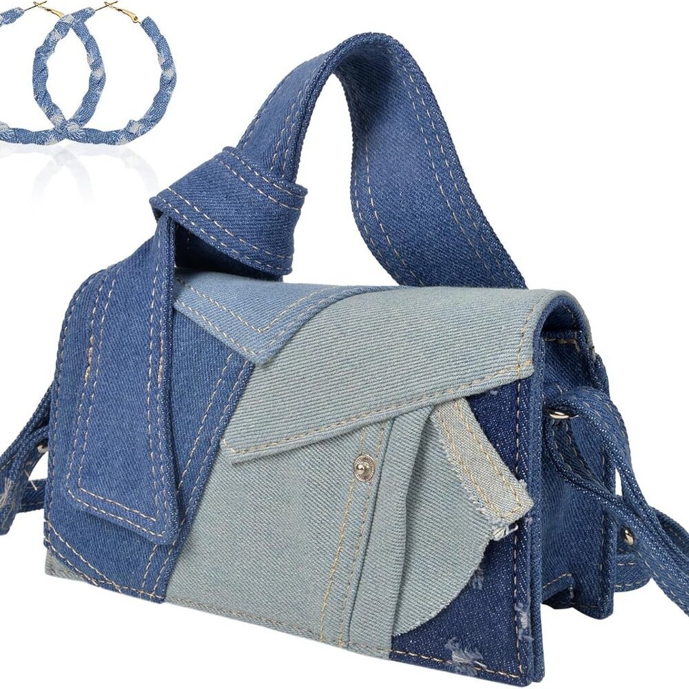 Denim Purses set for Women Mini Jeans Handbag & Circle Earrings for Teen Girls T